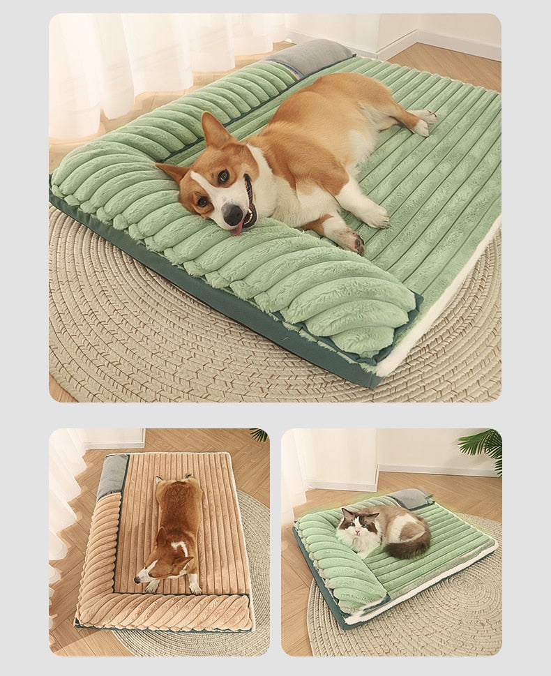 Green Soft Padded Dog Bed with Double Side Pillows