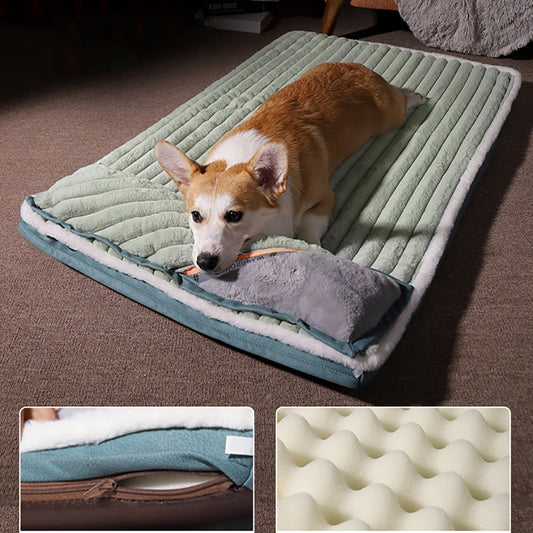 Green Soft Padded Dog Bed with Side Pillow